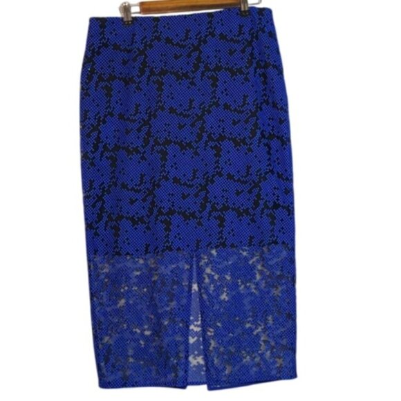 Diane Von Furstenberg Blue & Black Geometric Embroidered Pencil Skirt 12